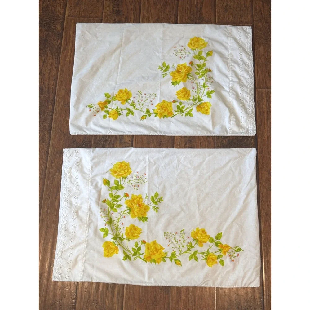 Vintage Martex Yellow Rose Floral Pillowcase Set Eyelet Trim White Percale USA